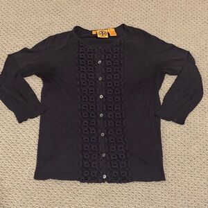 Tory Burch Silk Cotton Cashmere 3/4 Sleeve Geometric Button Down Cardigan